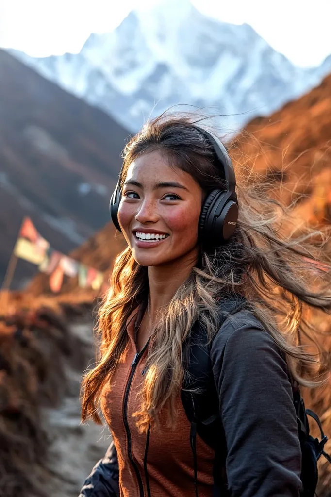 A young woman with long brown hair smiles while wearing black over-ear headphones.  She's hiking in a mountainous region, with a backdrop of snow-capped peaks and prayer flags visible in the distance.  She's dressed in a rust-colored zip-up jacket and carries a backpack. The scene is bathed in the warm light of either sunrise or sunset.