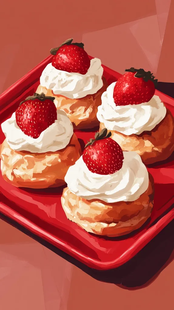 Four delectable pastries are artfully arranged on a vibrant red rectangular plate. Each pastry boasts a fluffy, creamy topping, adorned with a single, ripe strawberry. The strawberries' vibrant red contrasts beautifully with the creamy white and the warm, golden hue of the pastry base, creating a visually appealing dessert presentation.  The overall style is reminiscent of stylized digital painting.