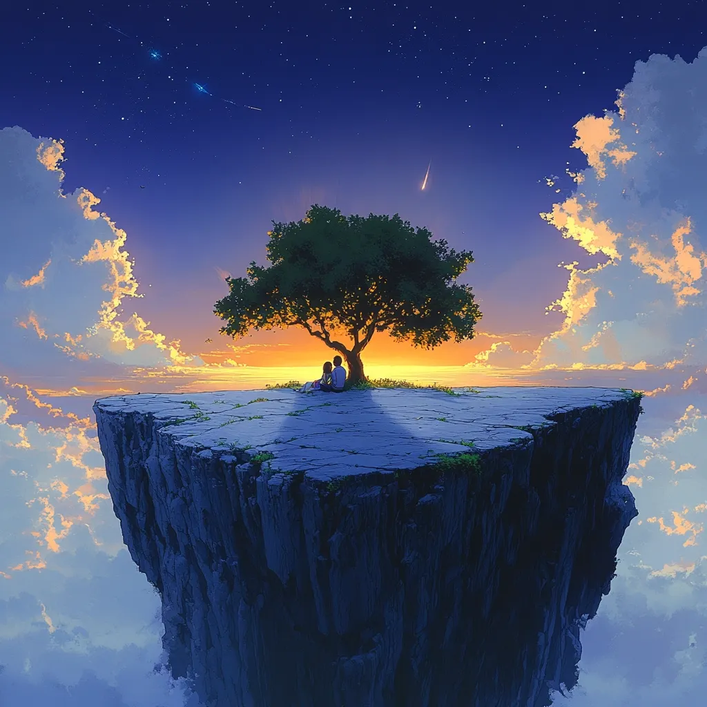 A serene digital painting depicts a couple sitting beneath a solitary tree on a floating island.  The island, a craggy plateau, is suspended amidst a breathtaking sunset sky filled with fluffy clouds and shooting stars. The warm hues of the setting sun contrast with the cool blues of the twilight sky, creating a magical and romantic atmosphere.  The scene evokes a sense of peace and isolation, a quiet moment shared high above the world.