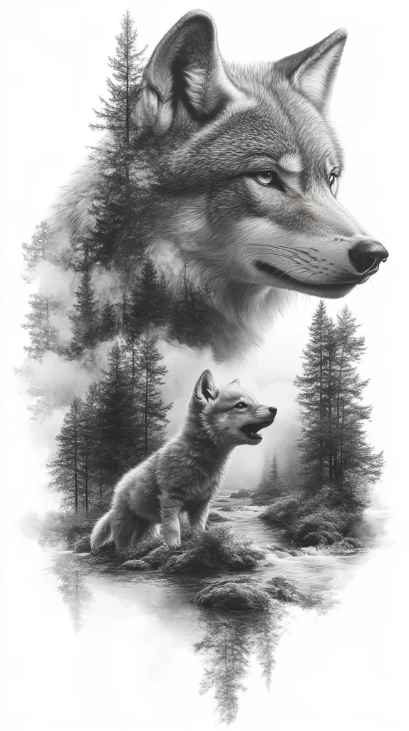 A stunning monochrome illustration depicts a majestic wolf and its pup amidst a serene forest scene.  The adult wolf, rendered with meticulous detail, gazes thoughtfully, partially obscured by a misty forest backdrop.  The younger wolf stands alertly nearby, near a tranquil stream. The overall effect is one of peaceful wildness and familial connection.  The artistic style uses shading and line work to create depth and texture.