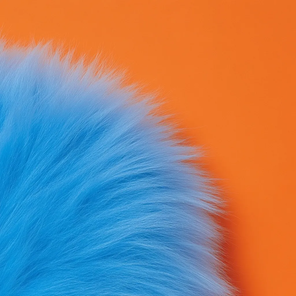 A vibrant orange background is partially obscured by a fluffy, light blue fur. The fur is positioned in the bottom left corner, creating a soft contrast against the bold orange. The texture of the fur is prominent, with individual strands visible, suggesting a soft and possibly plush material. The image is simple yet striking, showcasing the interplay of color and texture.