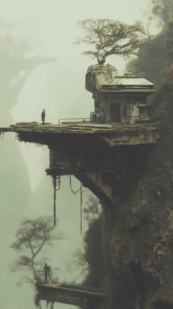 A solitary figure stands on a dilapidated, cliffside structure shrouded in mist. The building, a blend of futuristic and aged architecture, clings precariously to the rock face.  A lone tree crowns the structure, adding to the desolate beauty of the scene.  Chains hang down from the building's underbelly, adding to the sense of decay and mystery. The overall atmosphere is one of melancholic isolation in a surreal, foggy landscape.