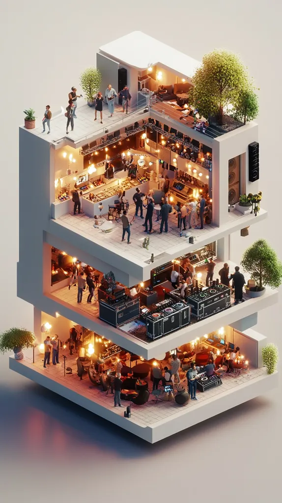 A cutaway illustration reveals a multi-story building teeming with activity. Each level showcases a different scene: a rooftop bar, a bustling restaurant, a recording studio, and a basement lounge.  People are depicted engaging in various activities, including dining, socializing, performing, and recording music.  The warm lighting and detailed interior create a lively and inviting atmosphere.  The architectural design is modern and clean, with a focus on vertical space utilization.
