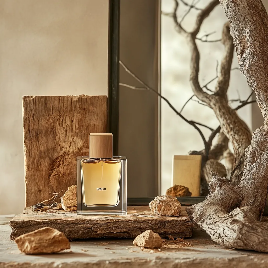 A square glass bottle of BOOII perfume with a wooden cap sits on a rustic wooden surface.  The setting features earthy tones, with rough-hewn wood, small stones, and a blurred background showing a tree branch reflected in a mirror. The overall aesthetic is minimalist and natural, emphasizing the perfume's earthy scent profile.