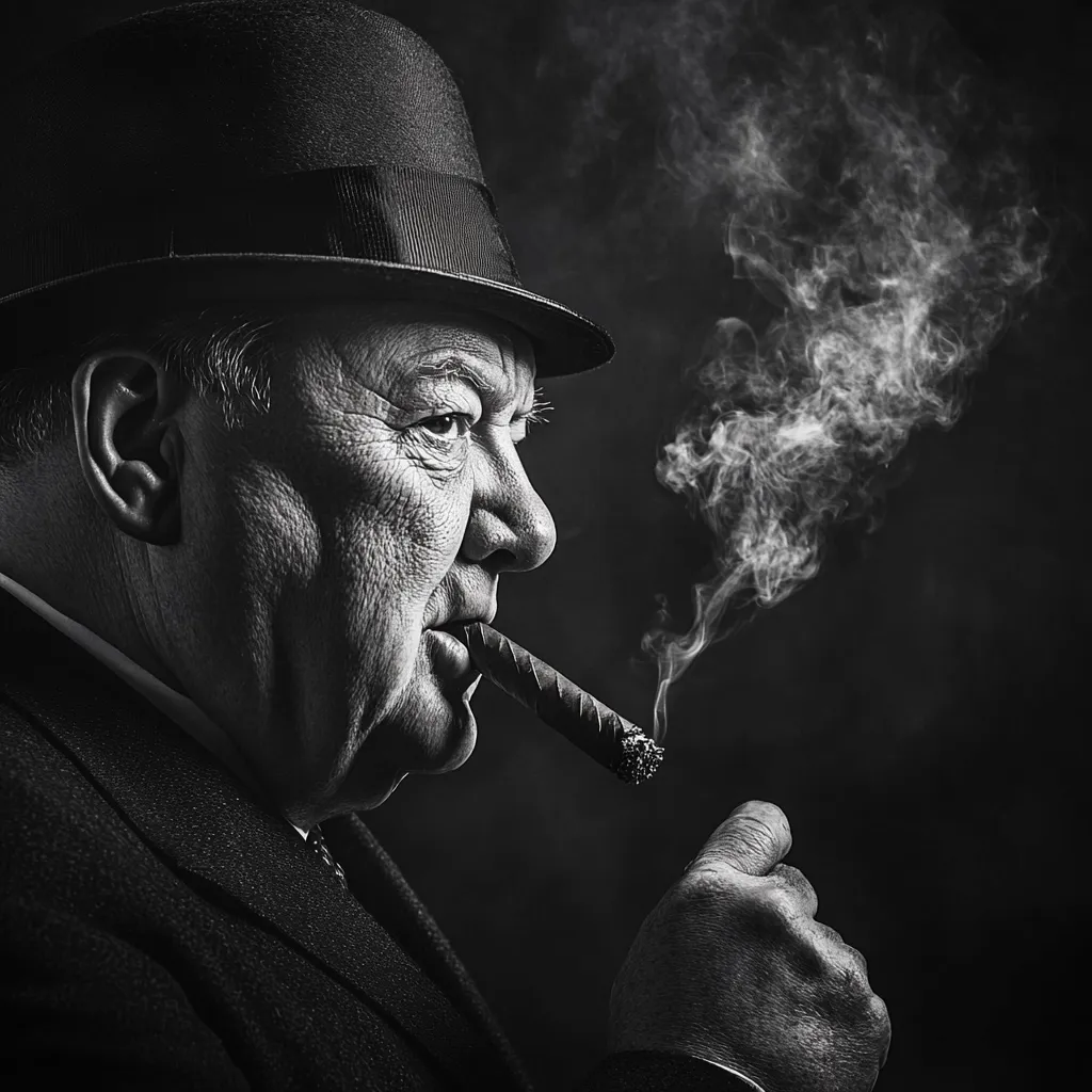 A black and white profile portrait of an older man in a fedora.  He is smoking a large cigar, the smoke curling around his face. His expression is serious and contemplative. The image has a classic, almost film noir style, with strong chiaroscuro lighting and a dark background.  He is dressed in a dark suit, suggesting a sophisticated and perhaps powerful figure.
