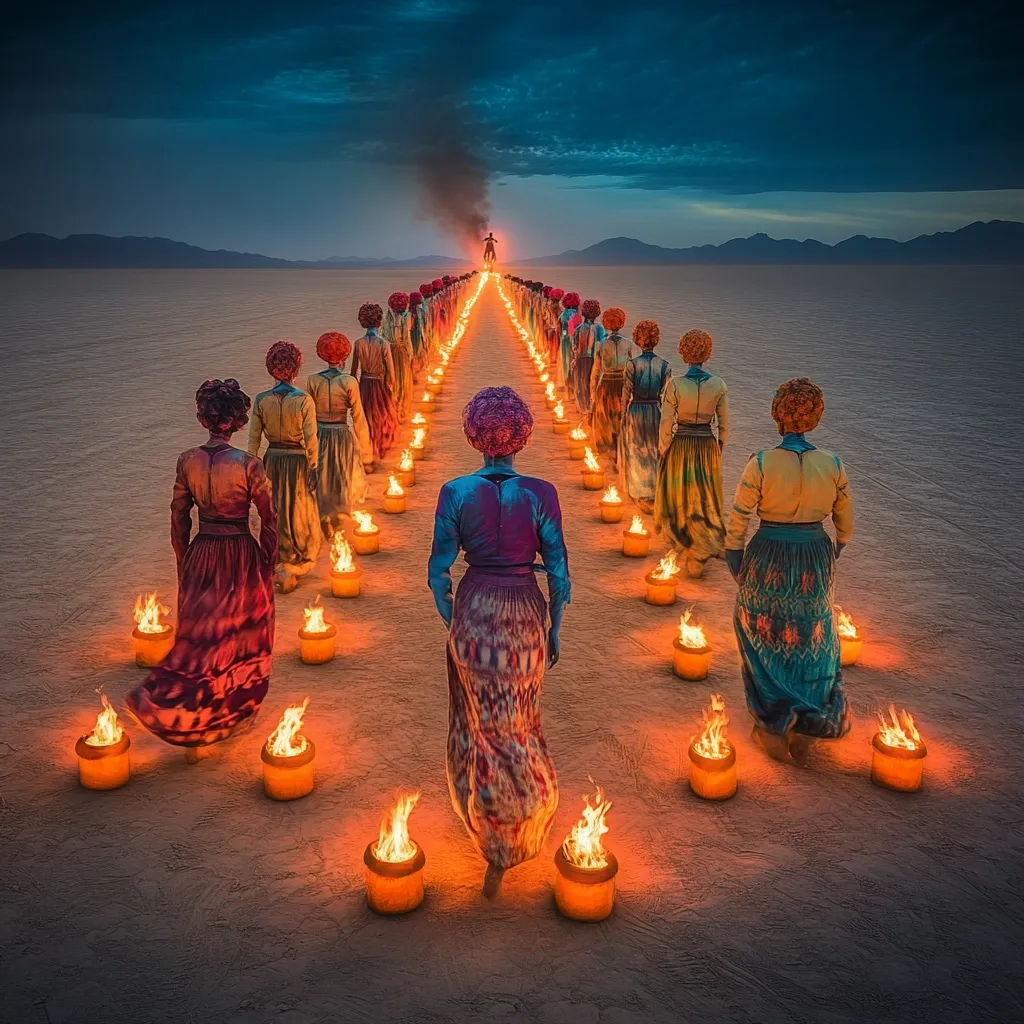A long path lined with burning urns leads to a distant figure in the desert.  Two rows of colorfully dressed figures walk toward the central figure, their backs to the viewer. The scene is surreal and dramatic, set against a twilight sky and mountainous backdrop. The overall atmosphere is mystical and evocative.