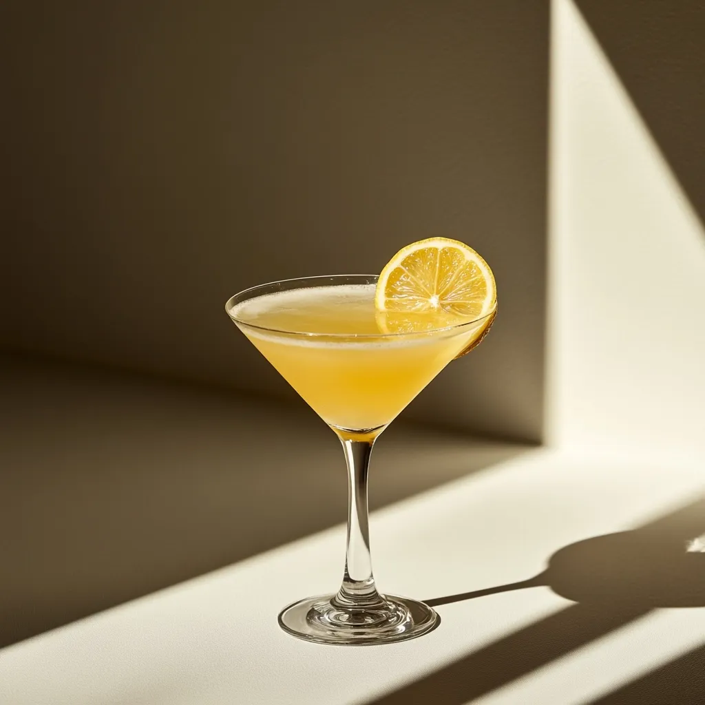 A refreshing yellow cocktail, garnished with a lemon slice, sits in a martini glass.  Sunlight casts dramatic shadows across a light beige surface. The drink's pale golden hue and the bright citrus slice create a vibrant contrast against the muted background. The overall image evokes a sense of summery relaxation and sophisticated simplicity.