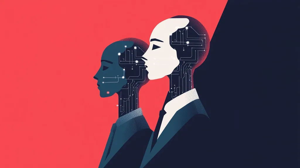 The illustration depicts two stylized robotic figures, a male and a female, side by side against a vibrant red background.  Their faces and necks are transparent, revealing intricate circuit board patterns integrated within.  They are dressed in business attire, suggesting a professional context. The image likely explores themes of artificial intelligence, technology, and the future of work.