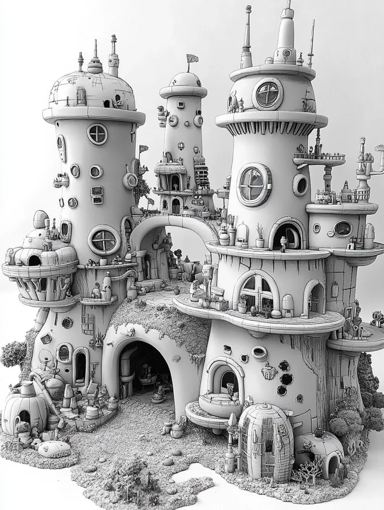 A grayscale model depicts a whimsical, organic-looking village nestled within a fantastical structure.  Mushroom-like towers and interconnected buildings feature round windows and intricate detailing.  Small figures are visible on balconies and walkways, adding to the charming, miniature world. The overall aesthetic blends organic shapes with technological elements, creating a unique and imaginative scene.