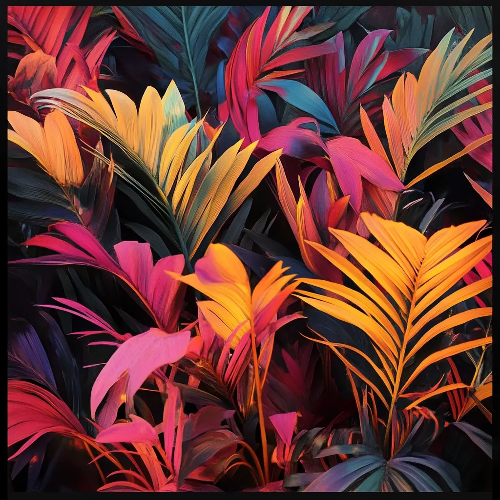 A vibrant close-up showcases a lush collection of tropical foliage.  The leaves display a stunning array of colors, ranging from deep reds and crimsons to fiery oranges and golden yellows, contrasted against darker greens and purples.  The image evokes a feeling of warmth and exotic beauty, with the leaves appearing almost surreal in their intense hues. The overall effect is a rich, textured display of tropical plant life.