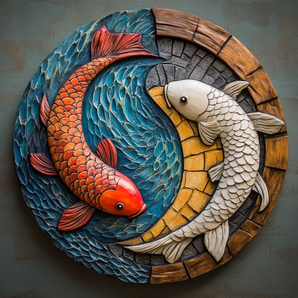 A circular wood carving depicts two koi fish in a yin and yang design.  One koi is vibrant orange, swimming in a blue, wave-textured background, while the other is white, set against a textured yellow and grey section.  The wood is intricately carved to represent scales, water, and a stone border, creating a visually striking and symbolic piece of art.