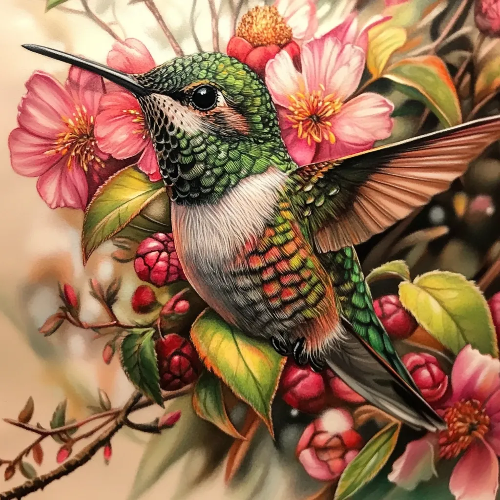 A vibrant hummingbird, with iridescent green and red feathers, hovers amidst a profusion of pink blossoms and deep red berries.  The detailed artwork captures the bird's delicate features and the lush textures of the flowers and leaves.  The overall impression is one of exquisite beauty and natural detail.