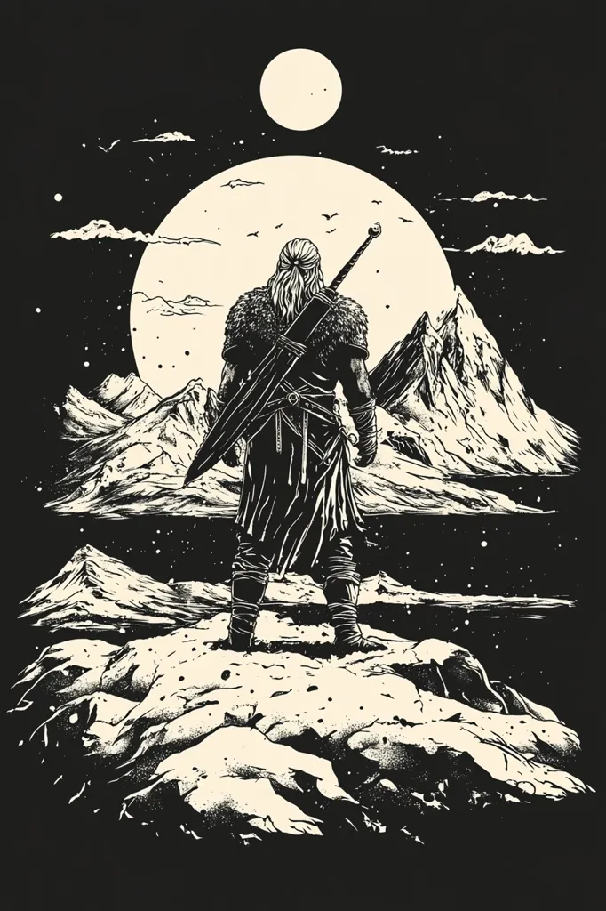 A solitary figure, Geralt of Rivia, stands on a rocky outcrop overlooking a serene landscape.  His sword is sheathed on his back. A large moon hangs in the night sky above snow-capped mountains. The scene is rendered in stark black and white, creating a dramatic and atmospheric image.  The style is reminiscent of a woodcut or linocut print.