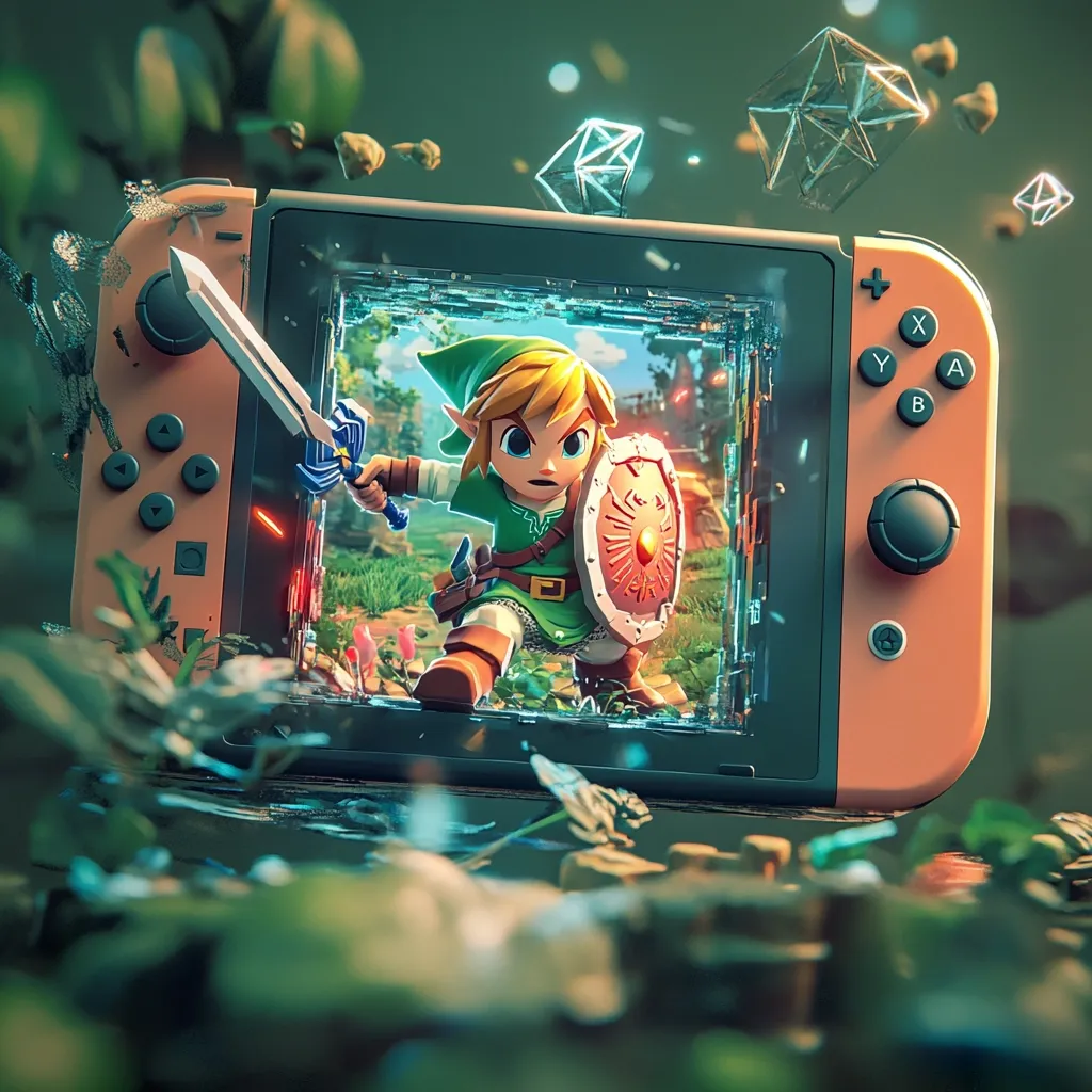 A stylized image depicts Link from The Legend of Zelda bursting from a shattered Nintendo Switch screen.  He wields his Master Sword and shield, emerging into a lush green landscape.  Crystalline fragments and foliage surround the console, creating a dynamic and fantastical scene blending the virtual and real worlds.  The overall effect is vibrant and captivating.