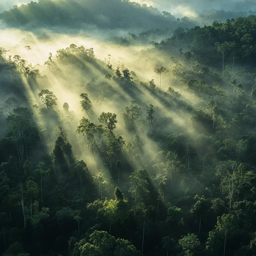 Sunlight streams through the mist-covered canopy of a lush rainforest.  Golden rays pierce the dense foliage, illuminating individual trees and casting long shadows on the forest floor below.  The scene evokes a sense of serenity and the raw beauty of untouched nature.  A misty atmosphere hangs heavy in the air, creating a magical and ethereal ambiance.