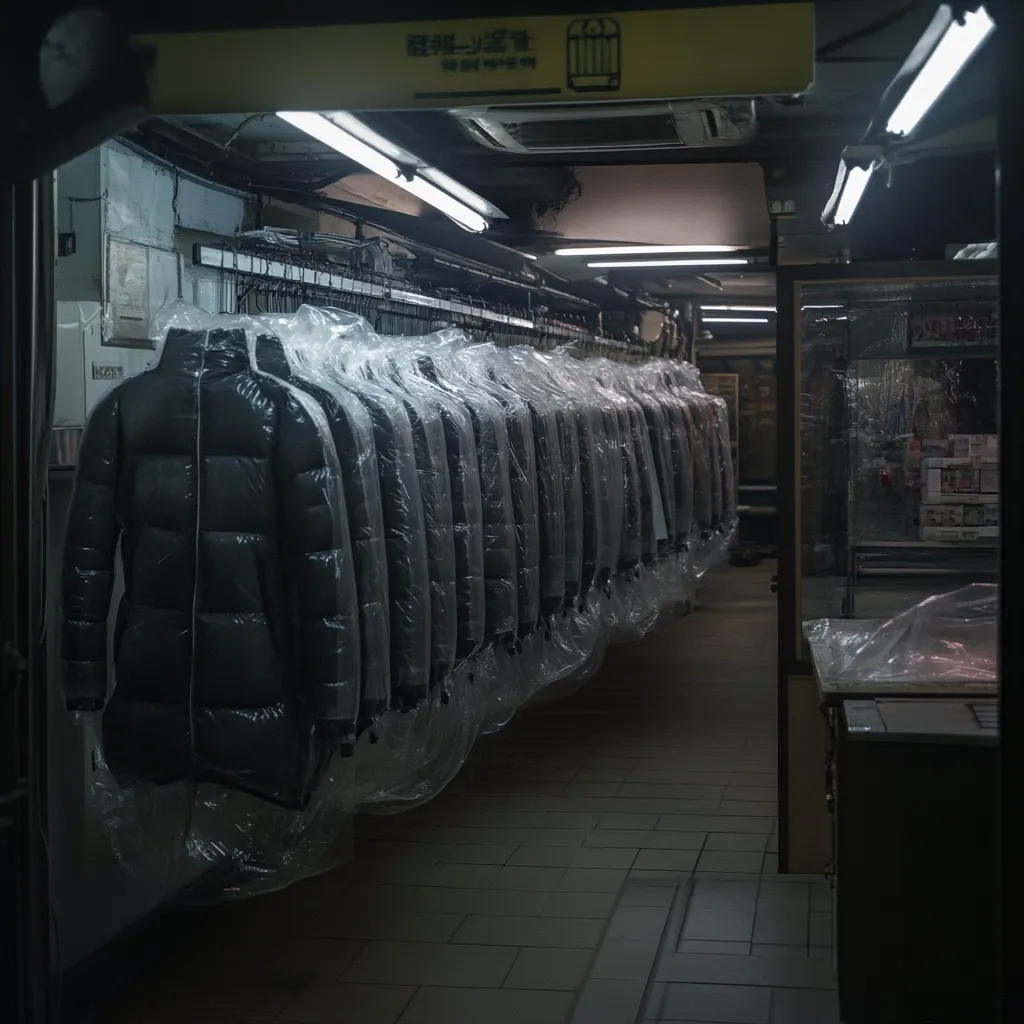 A dimly lit hallway in a shop features numerous dark-colored puffer jackets encased in plastic garment bags.  The jackets hang on a rack along the wall, creating a uniform row. The space is narrow and somewhat cluttered, suggesting a busy, possibly commercial setting. The overall atmosphere is subdued and slightly mysterious.