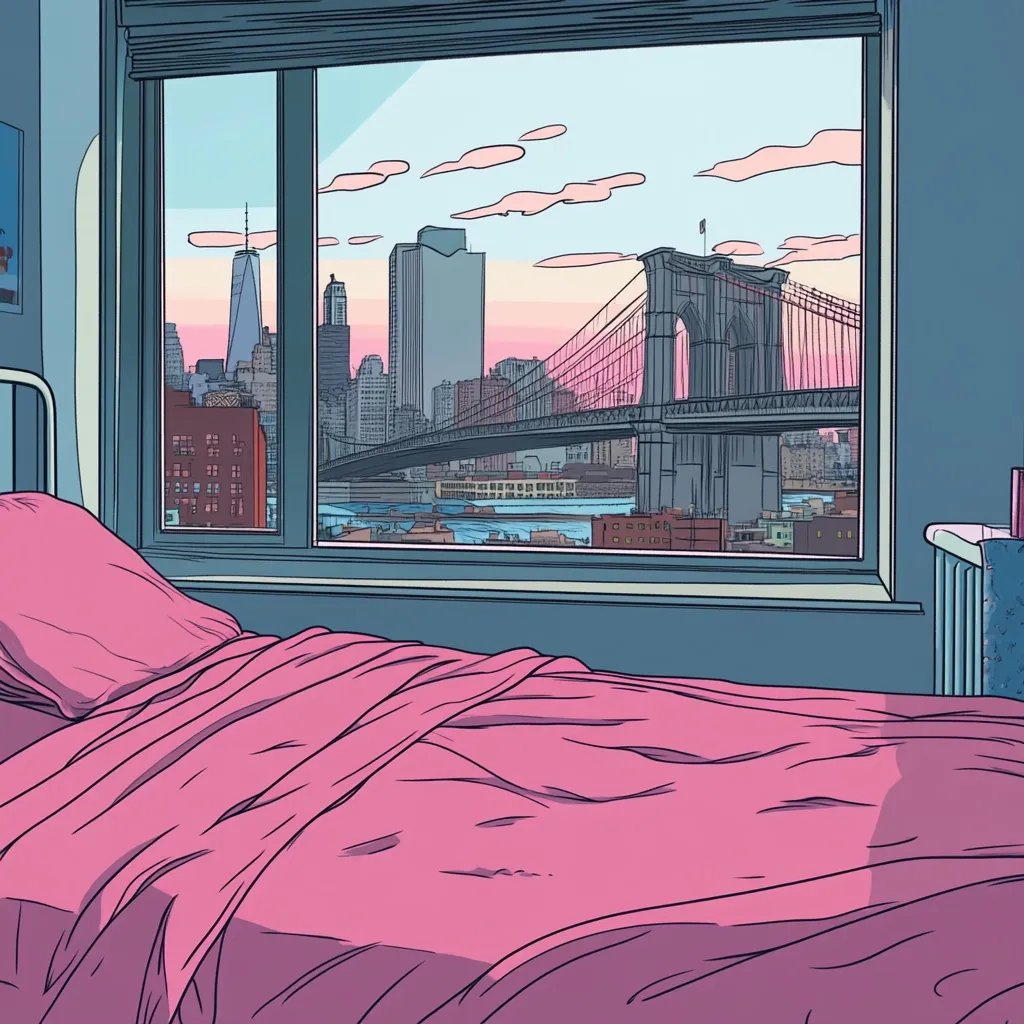 A pink bed with rumpled sheets sits in a room with a large window offering a stunning view of the New York City skyline at sunset.  The Brooklyn Bridge is prominently featured, spanning the water between the city and the viewer. The illustration style is clean and graphic, evoking a calm and peaceful atmosphere.  The scene is tranquil and suggestive of a quiet moment in a city apartment.