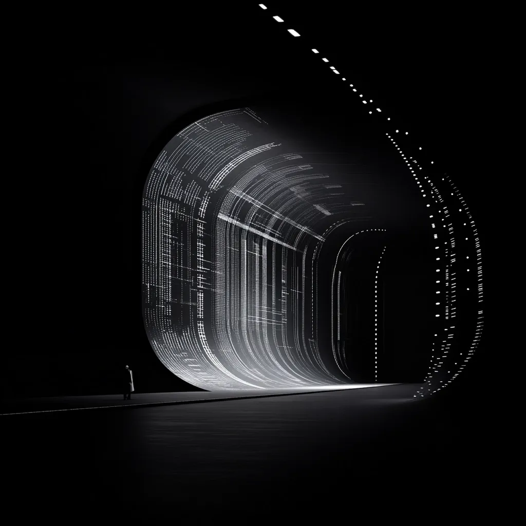 A lone figure stands before a futuristic, curved tunnel.  The tunnel's walls are illuminated with a cascading display of white data streams or code, creating a striking contrast against the black surroundings. The scene is minimalist and evocative, suggesting themes of technology, data flow, and the unknown. The overall effect is one of both awe and potential isolation.