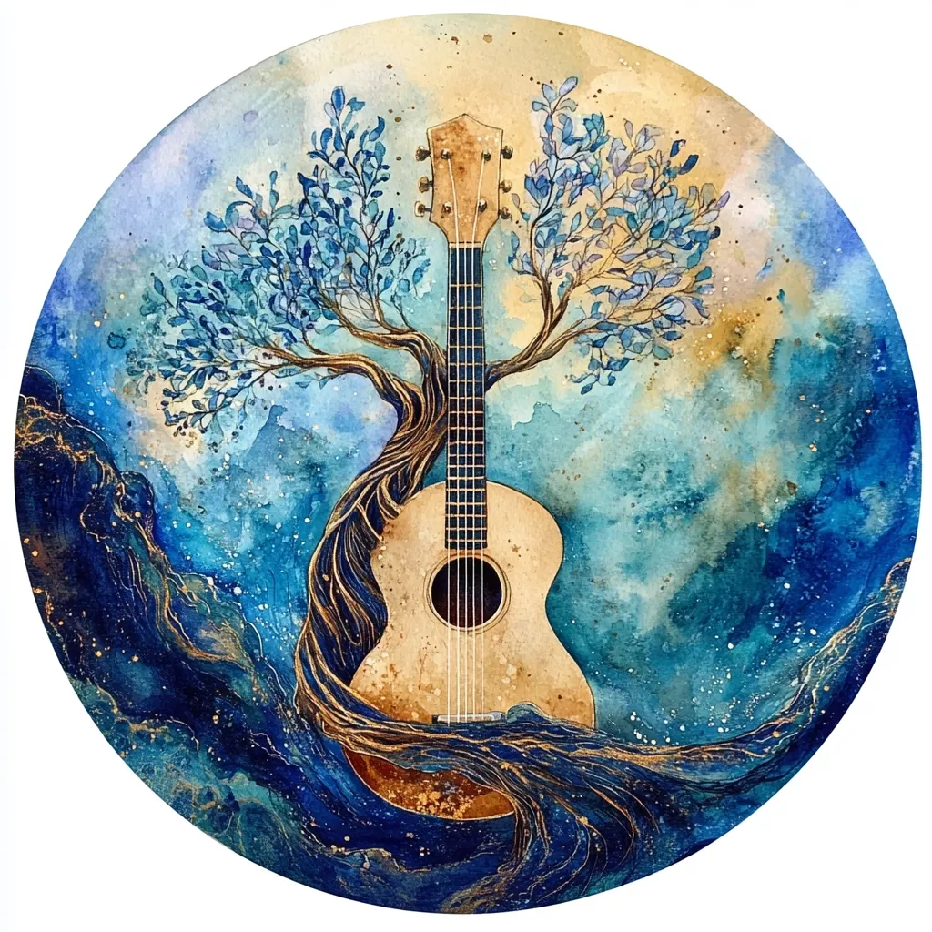 A watercolor painting depicts an acoustic guitar nestled within the branches of a stylized tree. The tree's roots intertwine with the guitar, creating a harmonious blend of nature and music. The background is a swirling mix of blues and golds, reminiscent of a cosmic landscape.  The overall style is serene and evokes a sense of tranquility and connection.