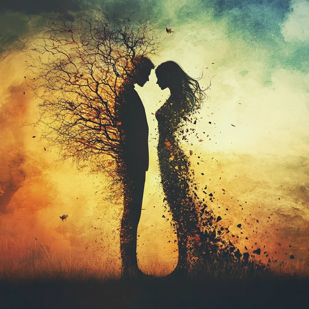 A poignant digital painting depicts a silhouetted couple standing close, their bodies merging with a barren tree and a dissipating form, respectively.  The woman's figure is fragmenting into dust-like particles, contrasting with the man's solid form. The warm, autumnal colors of the background evoke feelings of loss and transformation, creating a powerful visual metaphor for the ephemeral nature of love or life itself.  Small insects add to the mystical atmosphere.
