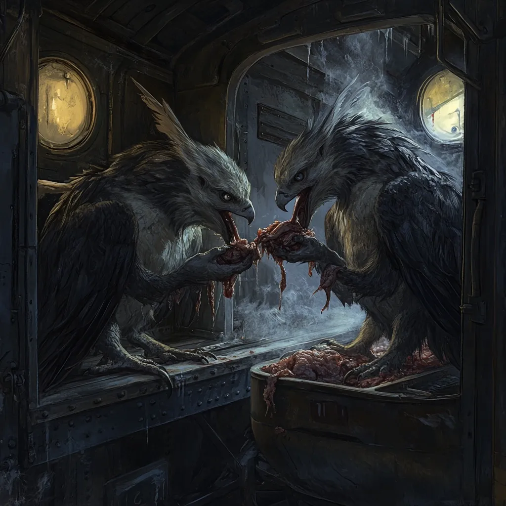 Two large, dark-feathered harpy-like creatures, perched on a metallic surface, share a gruesome meal.  They tear at raw, bloody organs within a grimy container, their expressions fierce and predatory.  The setting appears to be the dimly lit interior of an old train car, with portholes visible in the background, adding to the unsettling atmosphere.  Steam or smoke lingers in the air, enhancing the grim scene.