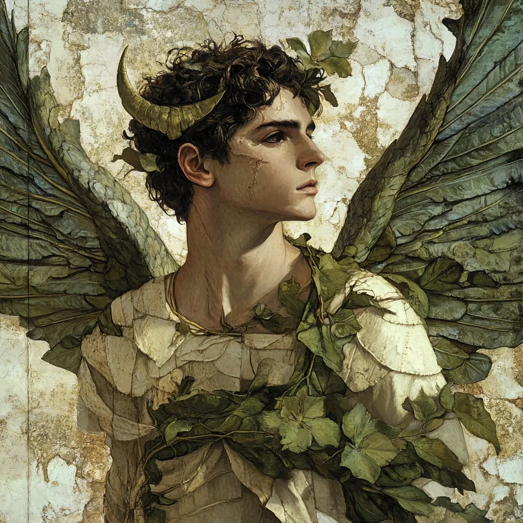 A painting depicts a young man with dark, curly hair and large, feathered wings. He wears a cream-colored garment adorned with green leaves, and a gold band encircles his neck.  A single, curved horn protrudes from his hair. His expression is serene, and a faint scar graces his cheek. The background is textured, resembling aged stone or plaster. The overall style is reminiscent of classical artwork with a mystical, ethereal quality.