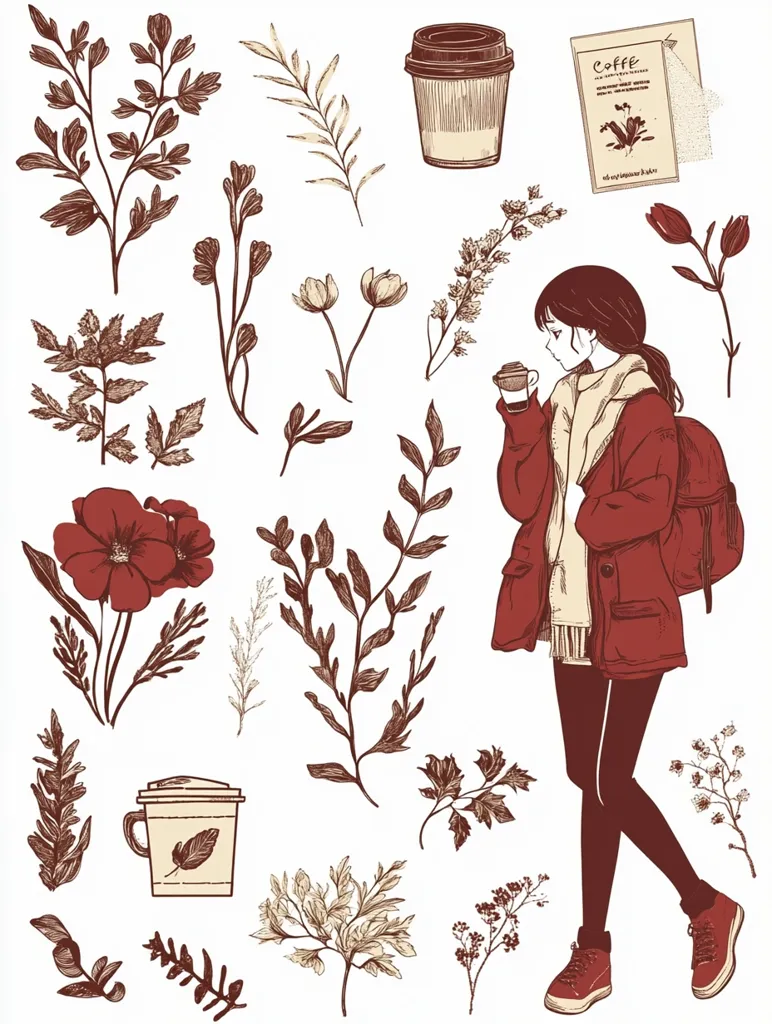 A charming illustration features a girl in a red coat and boots, enjoying a coffee.  Surrounding her are various hand-drawn botanical elements—leaves, flowers, and sprigs—in muted reds and browns, creating a cohesive autumnal aesthetic. Coffee cups and a coffee package add to the cozy, fall-themed design. The style is reminiscent of vintage botanical prints and modern anime aesthetics.