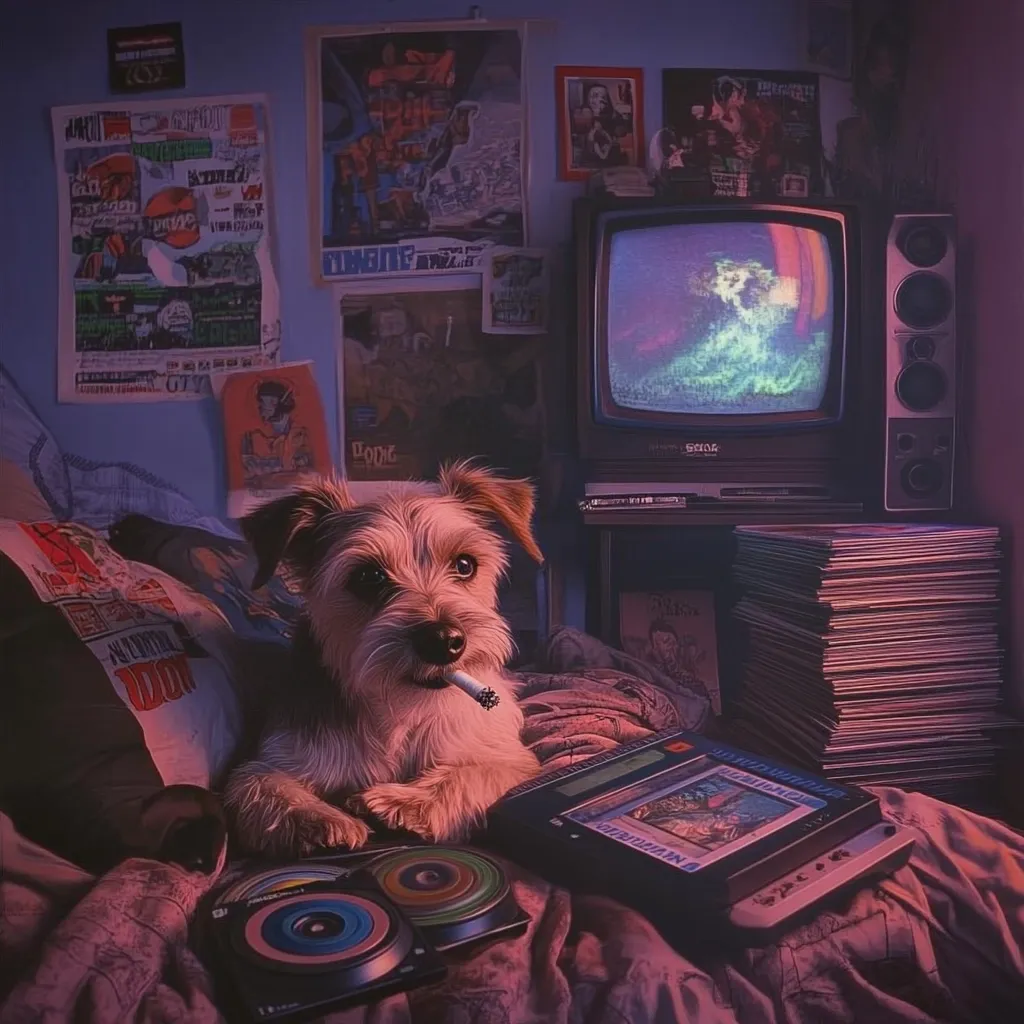 A small, fluffy dog with a cigarette in its mouth sits on a bed, surrounded by 80s-themed decor.  A vintage television plays, stacks of CDs and records are nearby, and the walls are adorned with posters.  The room is dimly lit, creating a nostalgic and slightly edgy atmosphere. The dog appears relaxed amidst the retro paraphernalia.