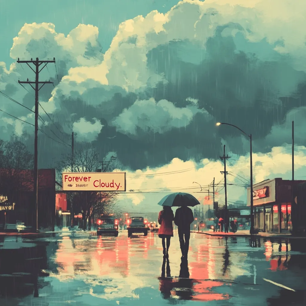 A painting depicts a rainy city street scene under a cloudy sky. A couple, sharing an umbrella, walks down the wet street, reflecting the city lights.  A billboard reads "Forever Cloudy," adding a melancholic tone. The overall atmosphere is serene yet slightly somber, emphasizing the romantic mood of the rainy day. The style is painterly and evocative, with a muted color palette.