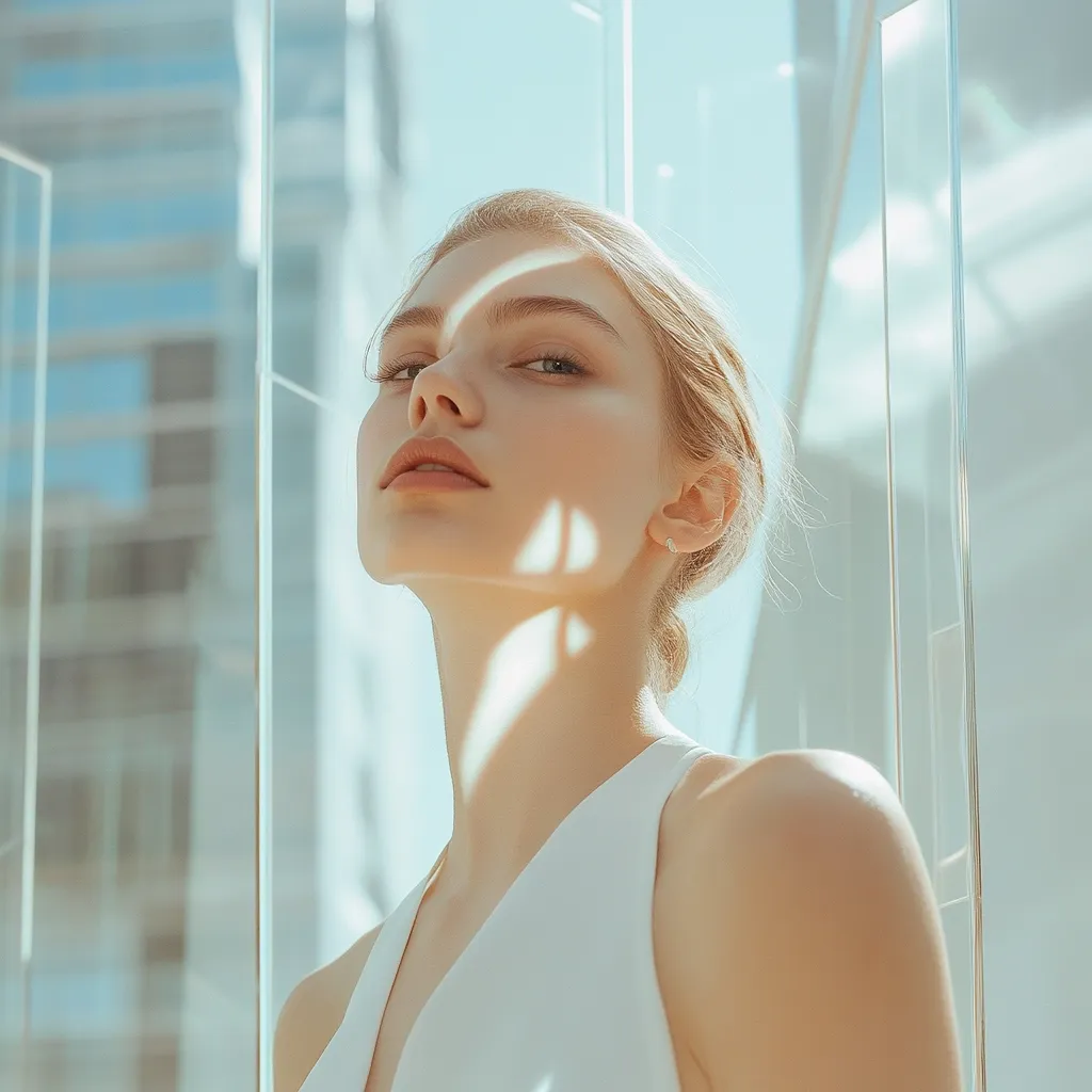A young woman with fair skin and blonde hair is captured in a close-up shot.  She wears a simple white sleeveless dress. Sunlight streams through a glass structure behind her, casting delicate shadows across her face and neck. Her expression is serene and confident, her gaze directed slightly upward.  The image evokes a sense of modern elegance and calm.