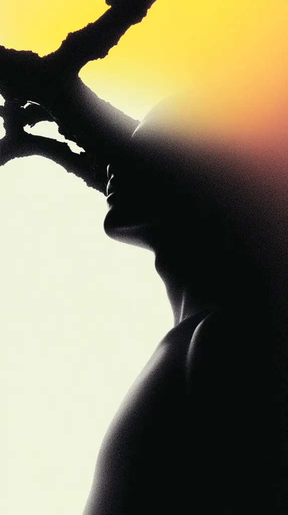 A silhouette of a person's head and shoulders is partially obscured by a dark, gnarled branch against a warm, yellow-orange background. The image evokes a feeling of mystery and connection between humanity and nature.  The contrast between the dark figure and the bright background creates a dramatic visual effect.  The style is artistic and surreal.
