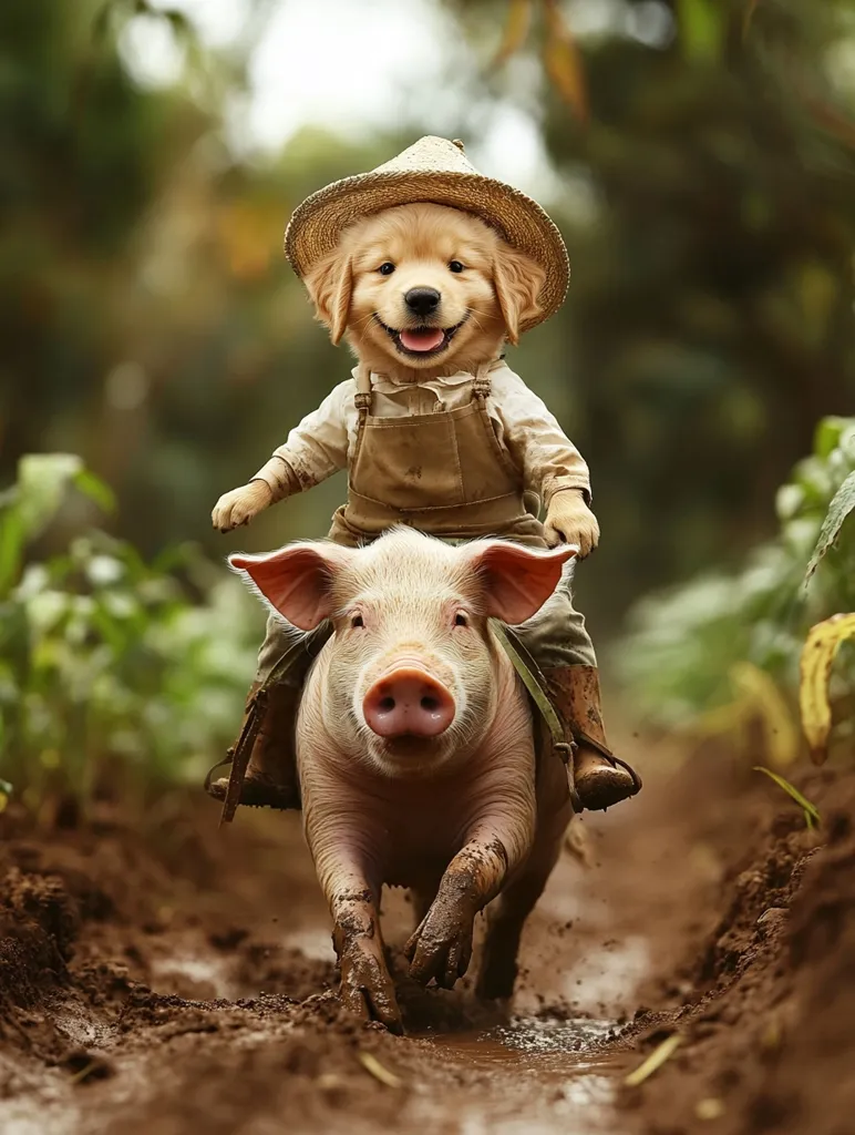 A charming Golden Retriever puppy, dressed in overalls and a straw hat, sits atop a piglet.  The unlikely pair splashes through a muddy track, their expressions joyful. The scene is set in a rural, green environment, suggesting a whimsical farm setting.  The image is likely digitally manipulated, combining the dog and pig.