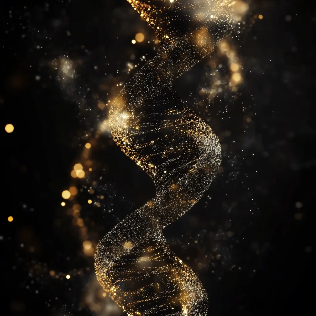 A mesmerizing image depicts a DNA double helix rendered in shimmering gold particles against a deep black background.  The helix is elegantly spiraled, with subtle light effects creating a sense of depth and movement.  Scattered golden sparkles add to the ethereal, almost magical, quality of the image. The overall aesthetic is luxurious and sophisticated.