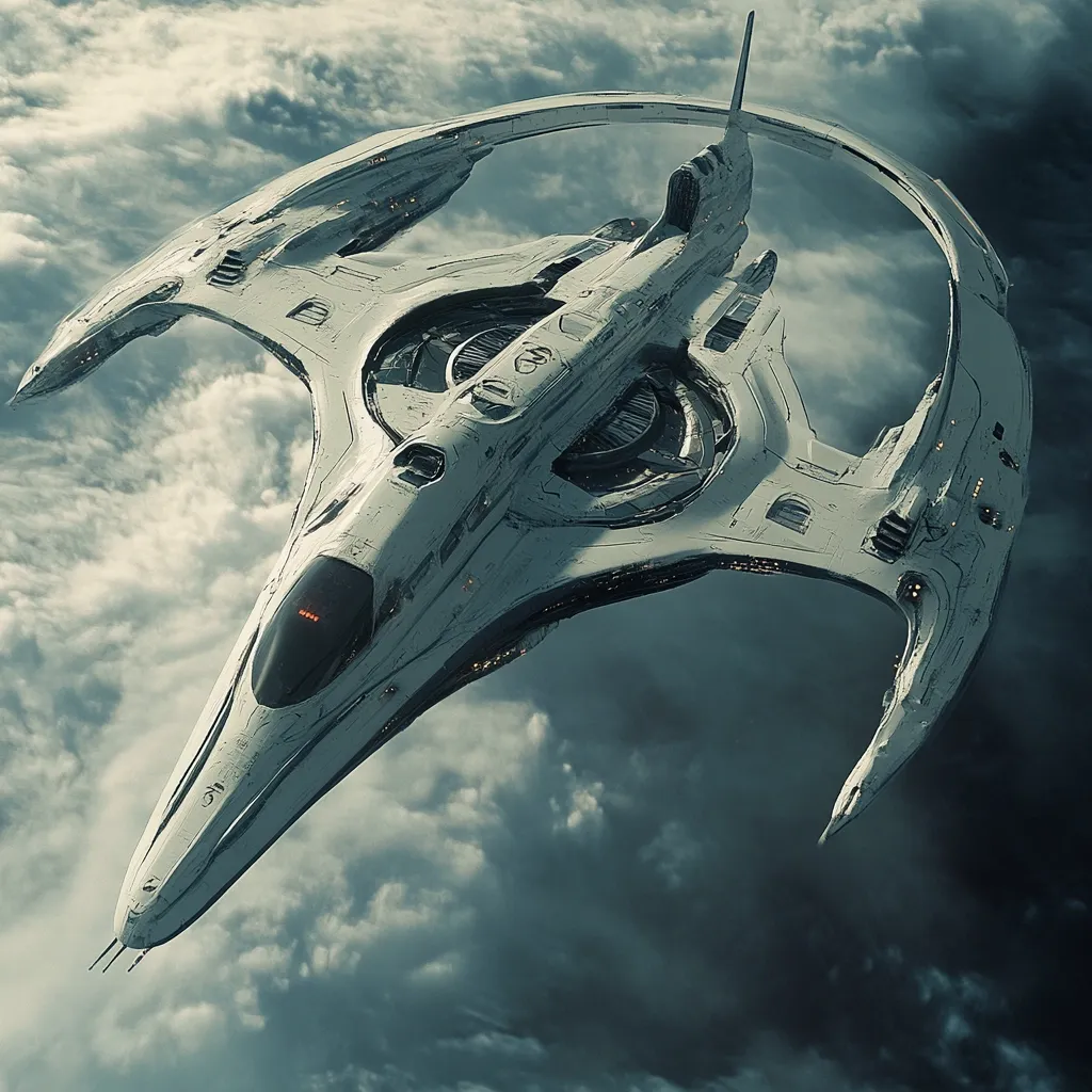 A sleek, futuristic spacecraft dominates the image, its off-white body contrasting sharply against a backdrop of dark, swirling clouds.  The vessel boasts a unique design, featuring a central body encircled by a large, curved wing structure, suggesting advanced propulsion technology.  Intricate details are visible on the ship's surface, hinting at complex engineering and possibly military functionality.  The overall aesthetic is one of technological sophistication and imposing power.