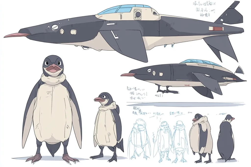 Concept art features two designs of a sleek, dark-grey spaceship with a translucent canopy.  Accompanying the ship are various sketches of anthropomorphic penguins, some wearing puffy coats.  One penguin is large and upright; others are smaller and shown in different poses.  The art style is clean and modern, suggesting a futuristic animation or game design.  Japanese text is present on the sheet but not translated.