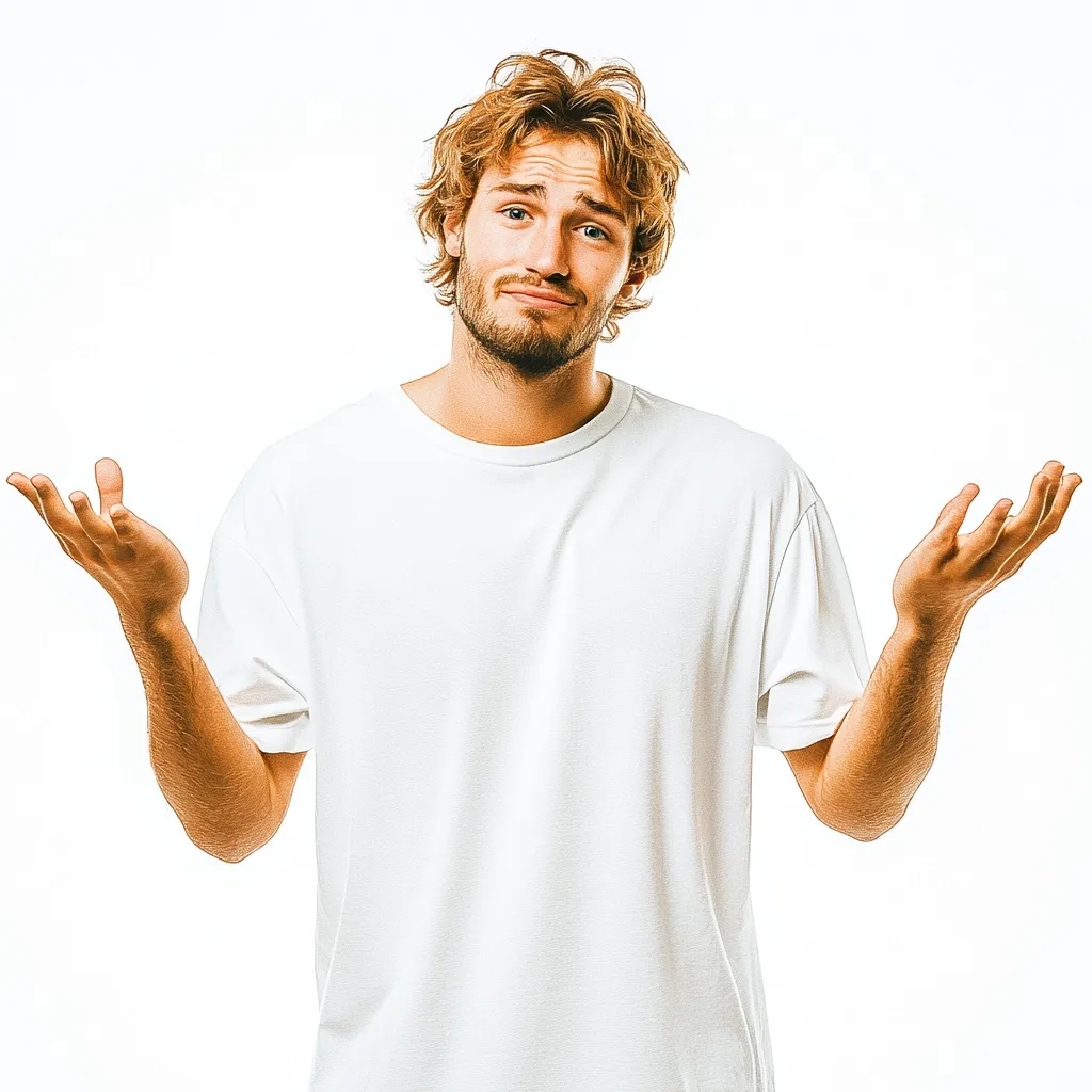 A young man with tousled blonde hair expresses confusion or uncertainty.  He's wearing a plain white t-shirt and has both arms outstretched, palms up, in a gesture of helplessness or questioning. His facial expression is one of mild bewilderment.  The background is plain white.