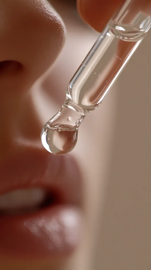 Close-up view of a person's face, specifically their nose and mouth.  A glass dropper filled with a clear liquid is held near the person's nose, a drop of liquid is poised at the tip. The focus is sharp on the dropper and the drop, with the face softly blurred in the background. The image suggests the application of a skincare product or essential oil.