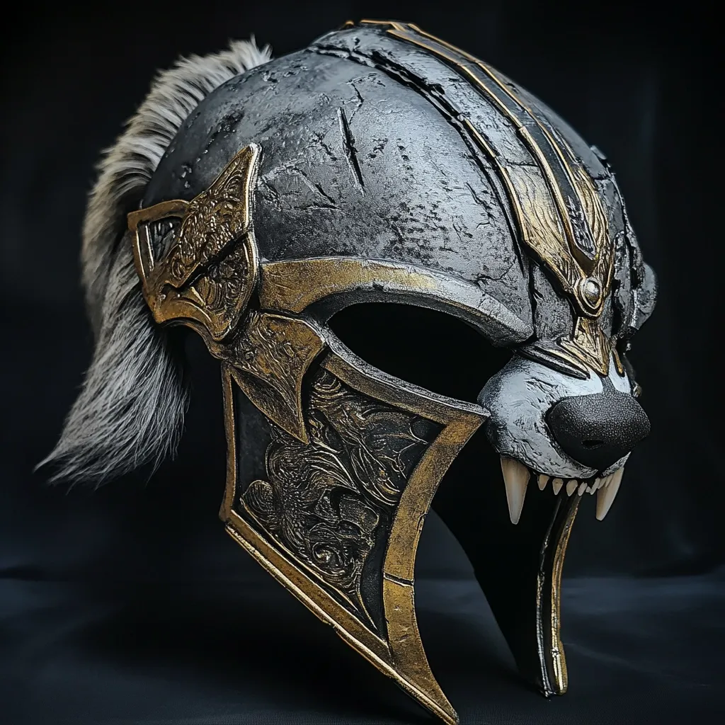 A meticulously crafted helmet, seemingly inspired by ancient warrior designs, features a striking wolf's head visage.  The helmet's gray metallic surface is accented with gold detailing and intricate carvings.  A tuft of gray fur adds a unique, almost savage, element to the piece.  The overall effect is one of powerful artistry and fantastical design.