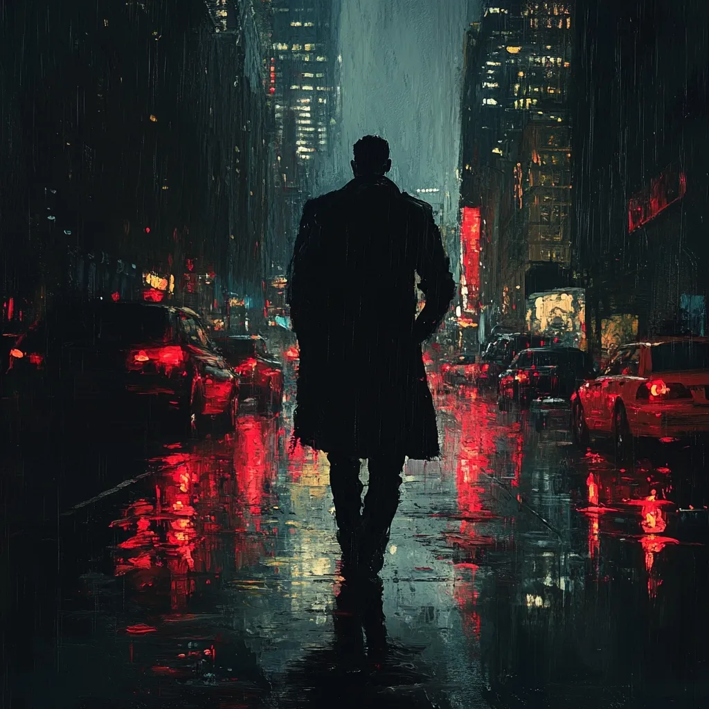 A lone figure, shrouded in a dark overcoat, walks down a rain-slicked city street at night.  The urban backdrop is a blur of red taillights reflecting on the wet pavement. Tall buildings loom in the background, their lights casting a dim glow on the scene. The overall mood is somber and mysterious. The painting style is impressionistic, with visible brushstrokes adding texture.