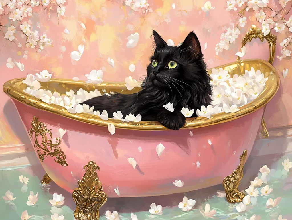A black cat luxuriates in a pink claw-foot bathtub overflowing with white blossoms.  The elegant tub is adorned with gold accents.  Delicate pink and white flower petals fall around the tub, creating a serene and whimsical scene. The cat's green eyes gaze thoughtfully towards something unseen. The overall style is dreamy and romantic.