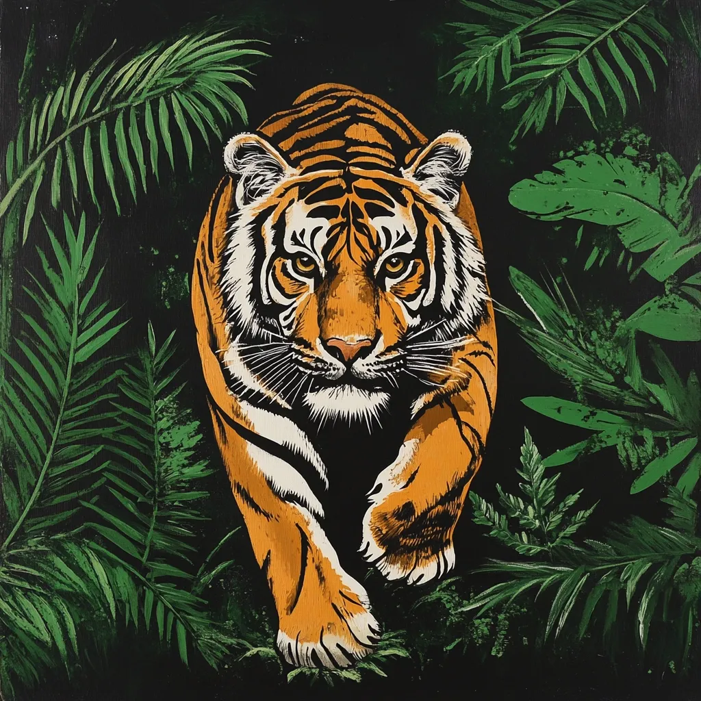 A striking artwork depicts a tiger majestically traversing a lush, dark green jungle.  The tiger, rendered in warm oranges and browns, is sharply focused, its eyes intense as it moves forward. The vibrant green foliage contrasts dramatically with the tiger's fur, creating a captivating scene of wildlife in its natural habitat. The style is bold and graphic, emphasizing strong lines and colors.