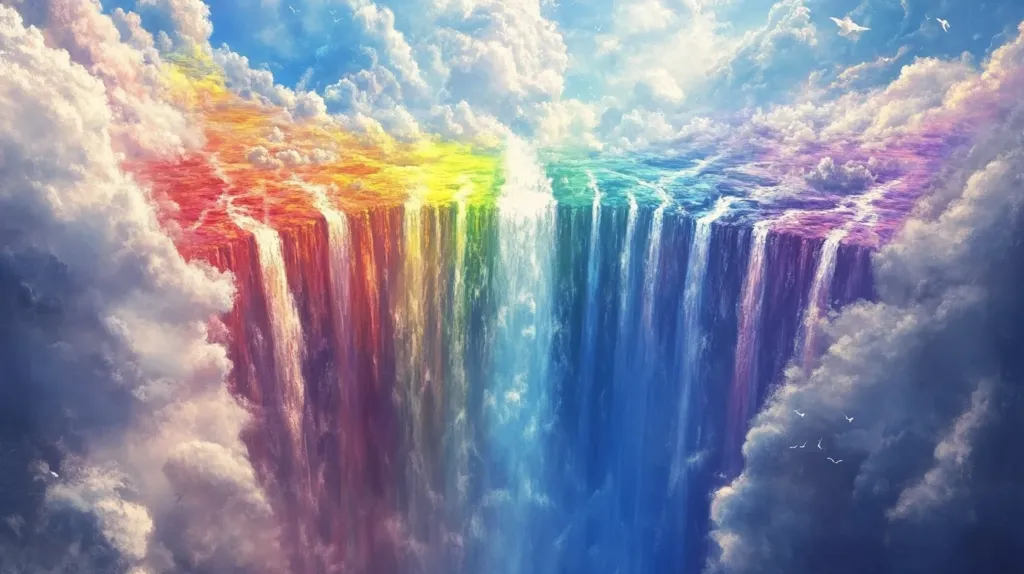A breathtaking digital painting depicts a massive waterfall cascading from a rainbow-colored cliff into a sea of clouds.  The water flows in vibrant hues, mimicking the spectrum of a rainbow.  Birds fly peacefully above, adding to the serene and otherworldly atmosphere of this fantastical landscape. The scene evokes a sense of wonder and tranquility.