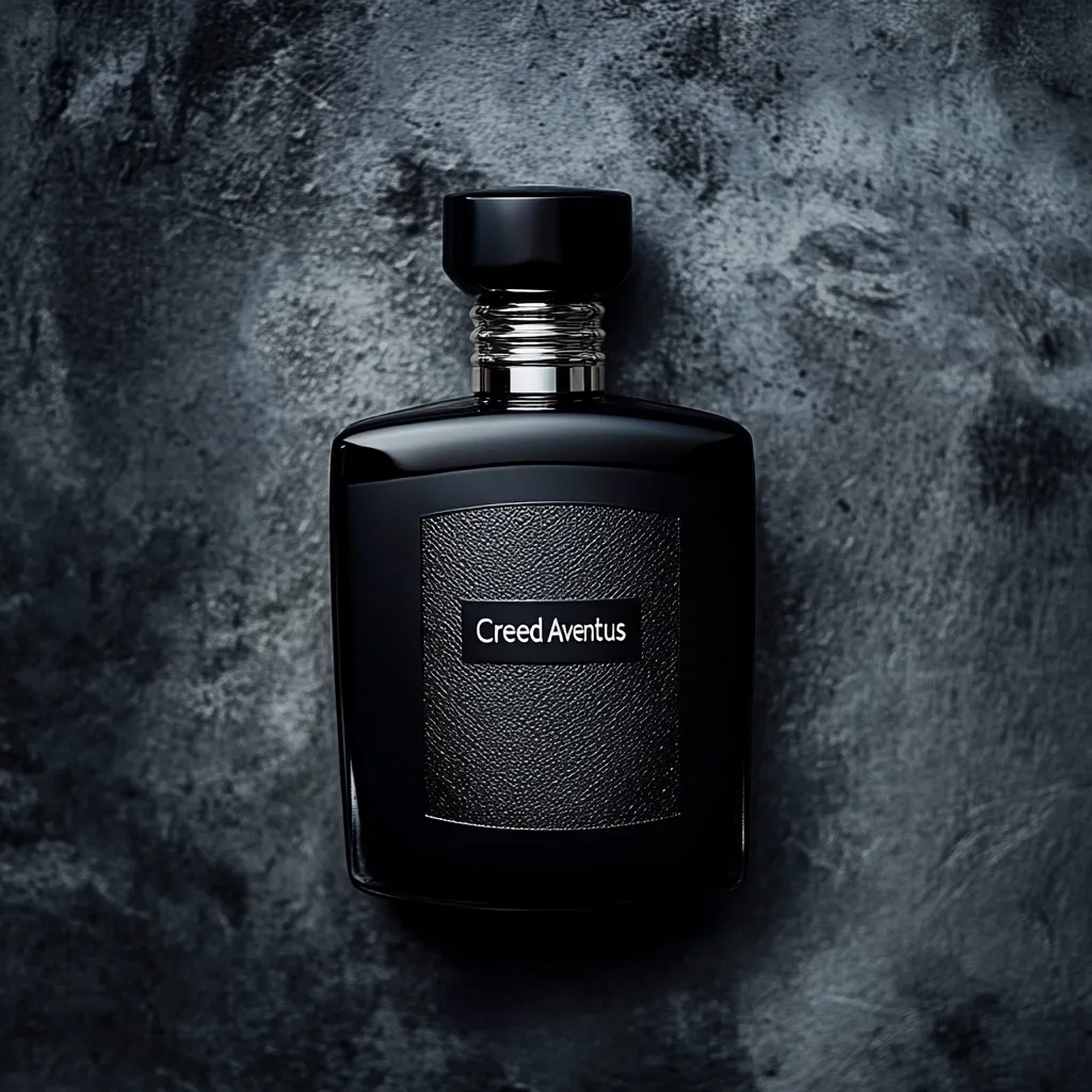 A bottle of Creed Aventus perfume is shown from a high-angle view.  The bottle is black with a textured, leather-like panel displaying the brand name.  The cap is black with silver accents. The bottle rests on a dark gray textured background. The image is sharply focused and well-lit, emphasizing the perfume's luxurious appearance.