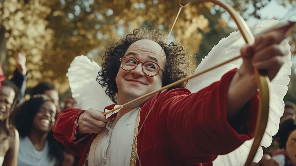 A jovial, bald man with curly hair and glasses, dressed as Cupid, aims his bow and arrow.  He wears a red velvet jacket over a cream-colored shirt and large white angel wings.  He's surrounded by a blurred background of people, possibly at a Valentine's Day event or similar celebration. His expression is mischievous and playful as he prepares to shoot.