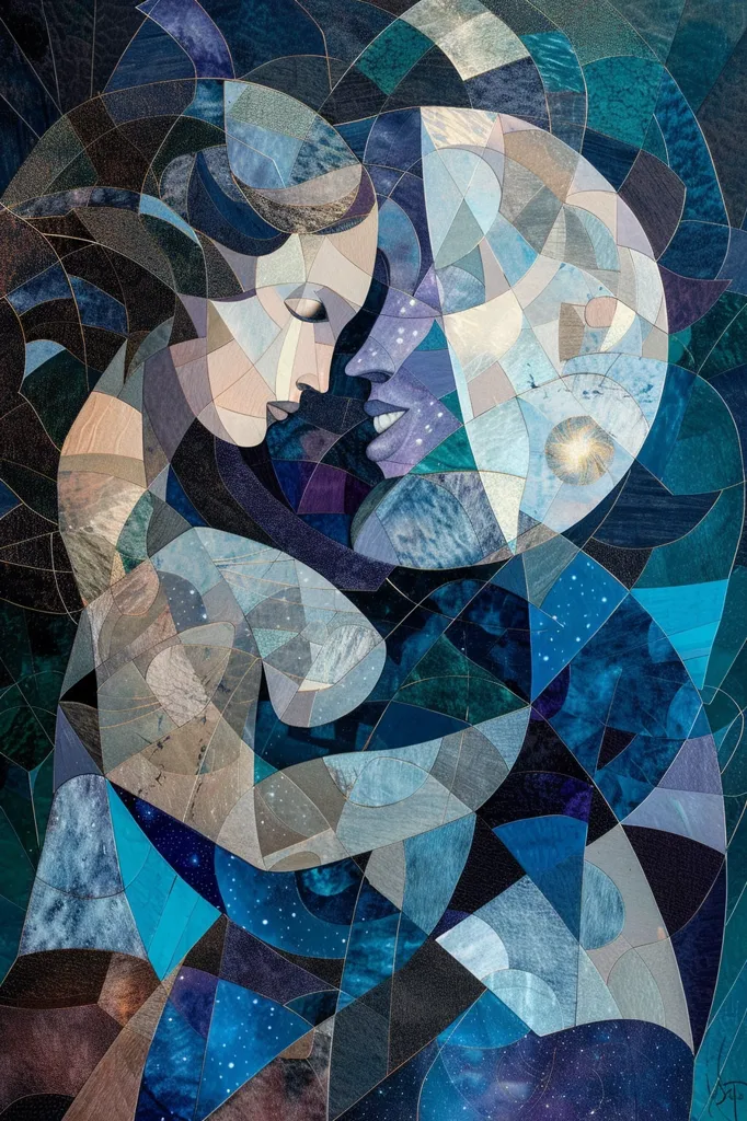 An abstract artwork depicting two faces embracing, rendered in a mosaic style using shades of blue, grey, and beige.  The geometric shapes create a sense of depth and movement, suggesting a cosmic or celestial theme. The faces are partially obscured, adding to the mysterious and ethereal quality of the piece. The overall effect is dreamlike and evocative.