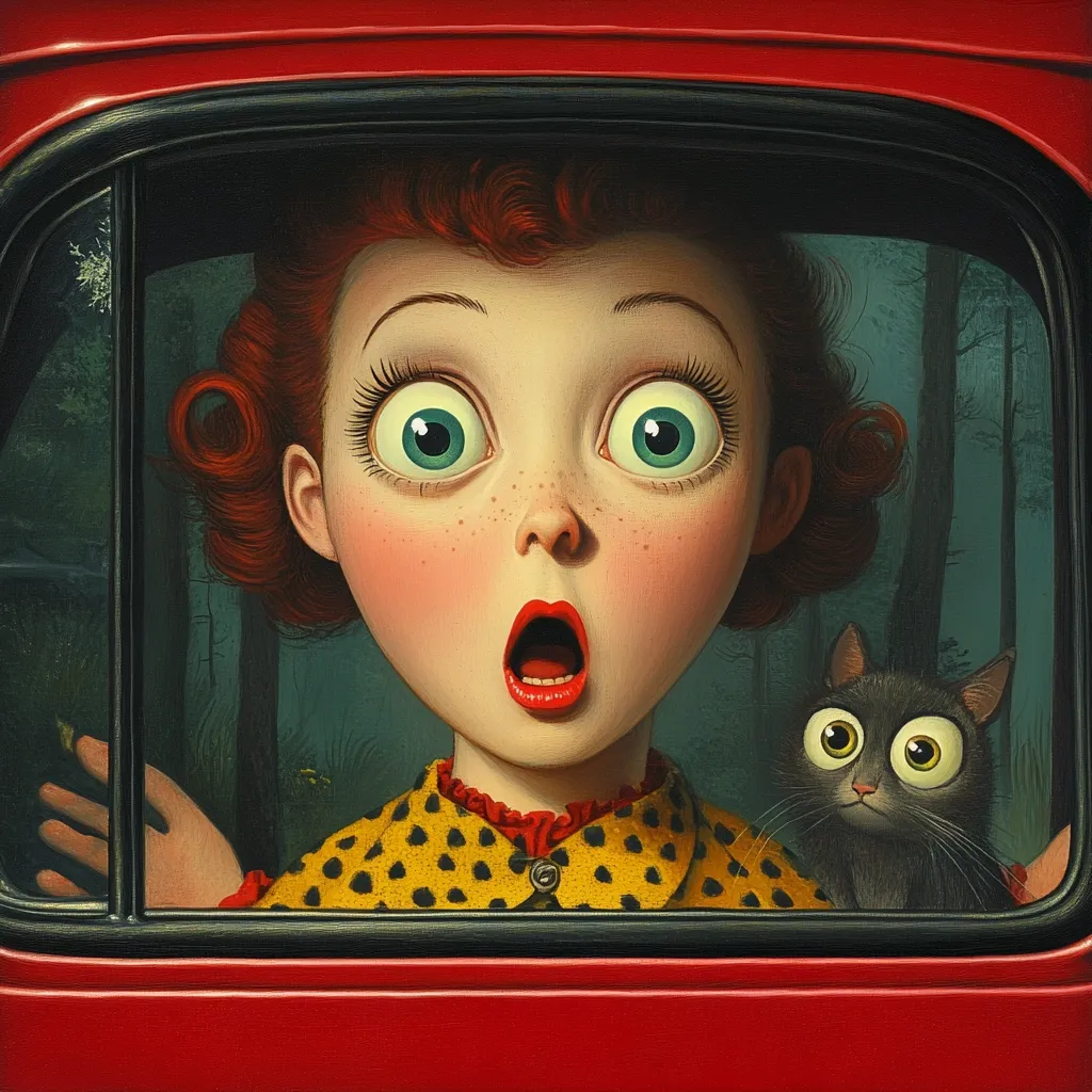 A stylized illustration depicts a wide-eyed, freckled girl with red curls peering from a red car window. Her mouth is open in surprise. Beside her sits a large-eyed black cat. The background shows a dark, forested area. The overall style is reminiscent of vintage children's book illustration with a touch of surrealism. The girl's expression and the dark setting create a sense of mystery and intrigue.