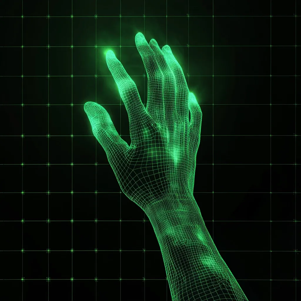 A digital rendering of a human hand, depicted as a glowing green wireframe against a dark grid background.  The hand is outstretched, fingers slightly spread, creating a sense of interaction or reaching. The wireframe style emphasizes the skeletal structure and digital nature of the image, suggestive of technological or futuristic themes.  The green glow adds a vibrant, otherworldly quality.