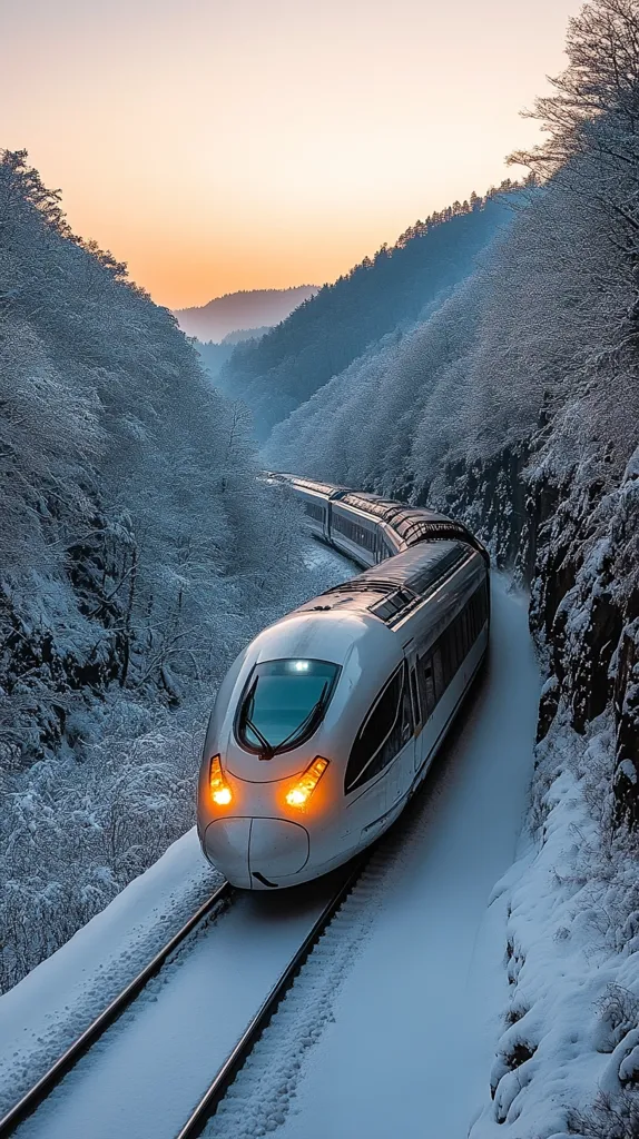 A high-speed train, gleaming white under a soft sunset, speeds through a snowy mountain pass.  The train cuts a path through a pristine winter landscape, its headlights illuminating the tracks ahead.  Snow-covered trees line the steep slopes, creating a dramatic and picturesque scene. The image evokes a sense of serene, powerful movement against the backdrop of nature's beauty.