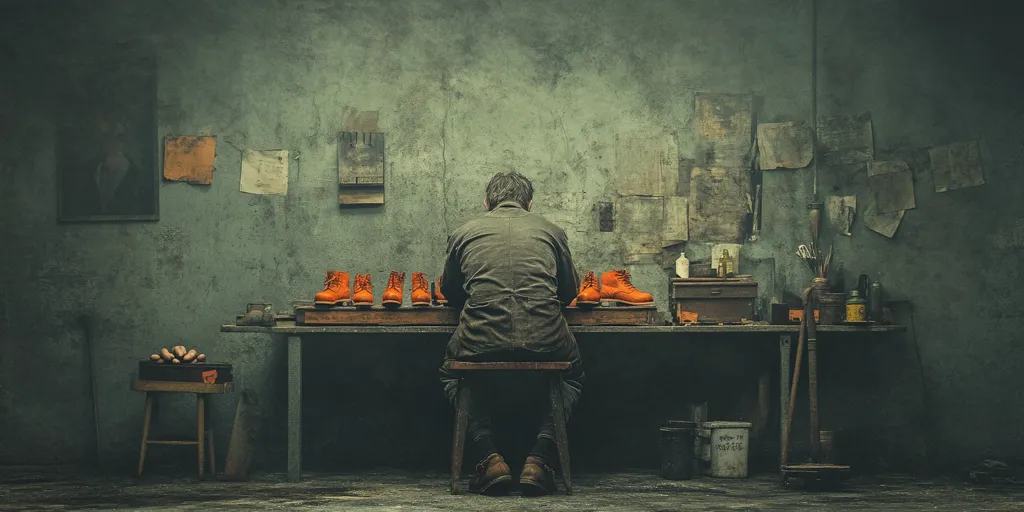 A lone shoemaker sits with his back to the viewer in a dimly lit workshop.  Several pairs of bright orange boots sit on a workbench before him, amidst tools and supplies. The walls are aged and covered with papers and paintings, creating an atmosphere of age and craftsmanship. The overall tone is somber and reflective.