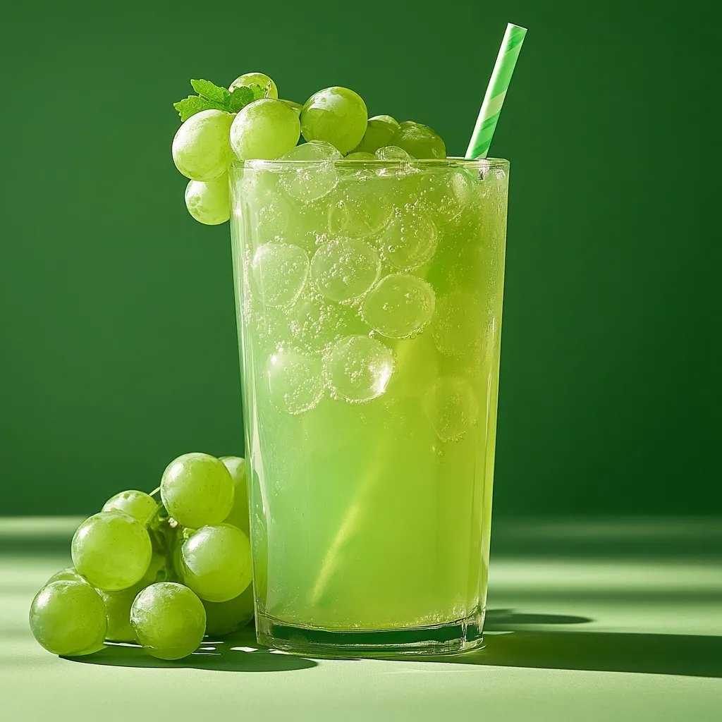 A tall glass of refreshing green grape soda is the focus, adorned with a cluster of green grapes and a striped straw.  Ice cubes are visible within the bubbly drink. Another bunch of grapes rests beside the glass on a pale green surface, set against a vibrant green background.  Sunlight casts shadows, enhancing the vibrant colors and suggesting a summery, thirst-quenching beverage.